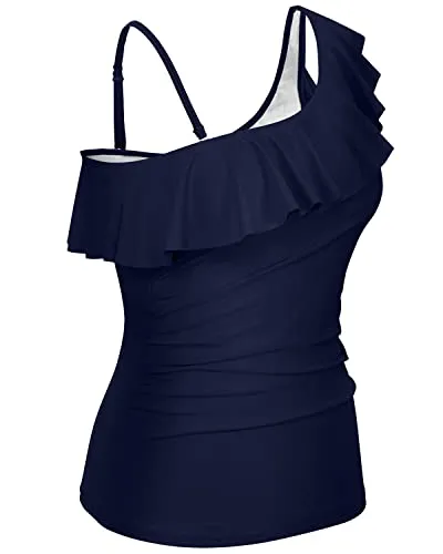 Padded Push Up Bra One Shoulder Strapless Womens Swimsuit Tops-Navy Blue