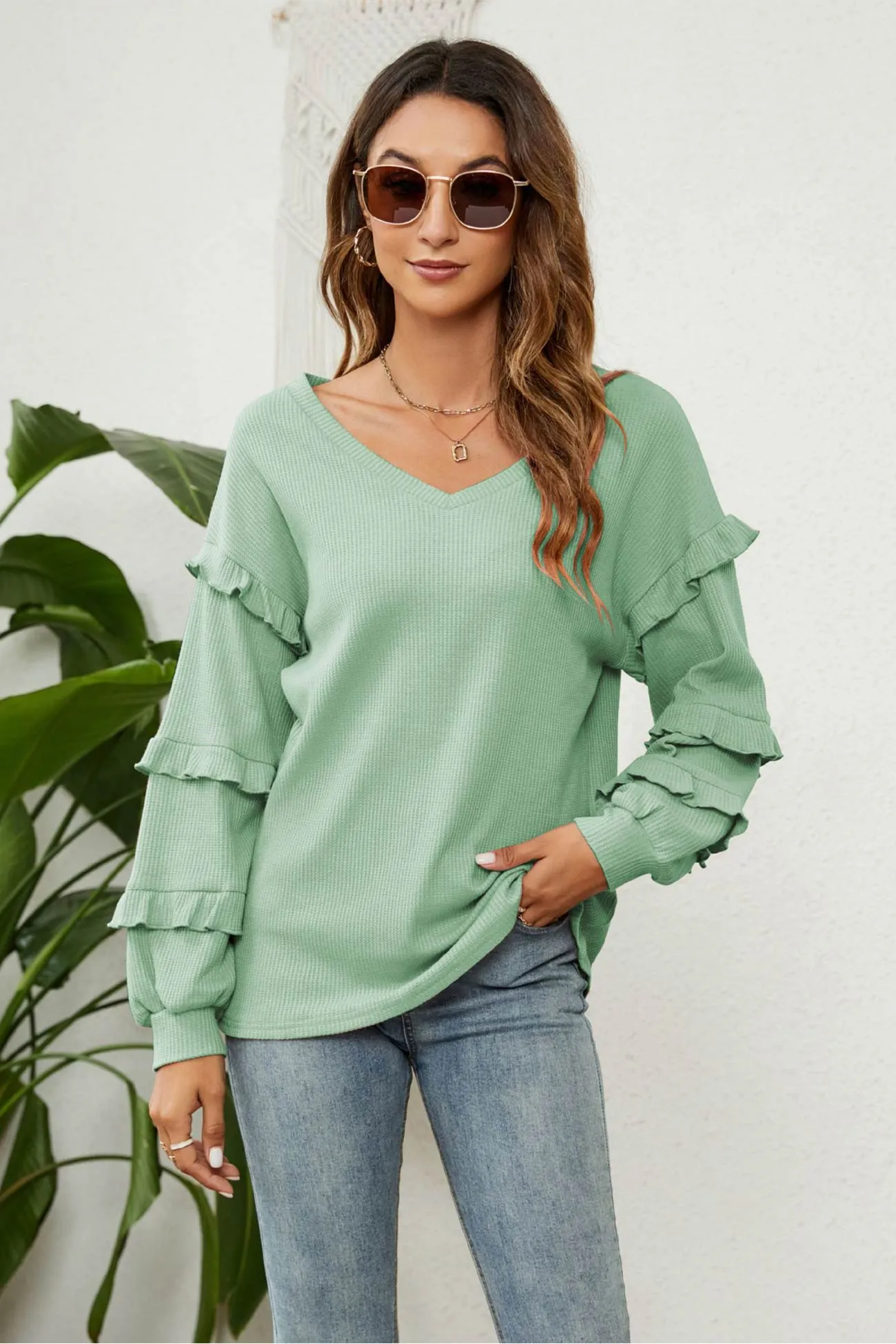 Puff Sleeve Ruffled Waffle Tops