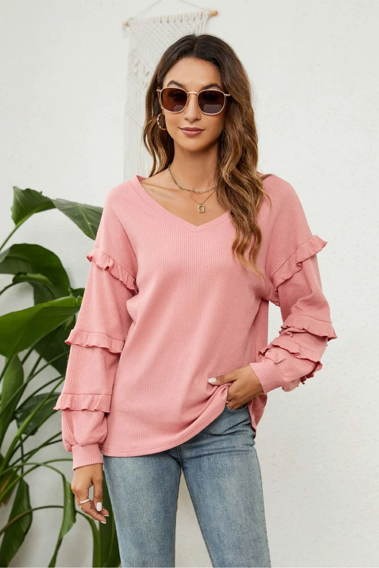 Puff Sleeve Ruffled Waffle Tops