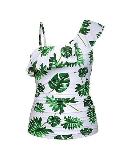 Push Up One-Shoulder Tankini Tops Ruched Tummy Control Swimsuit Tops-White Leaf