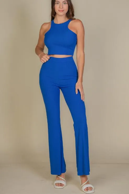 Ribbed Cropped Top and Bootcut Pants Sets (CAPELLA)