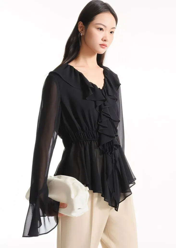 RUFFLED CHIFFON V-NECK TOPS