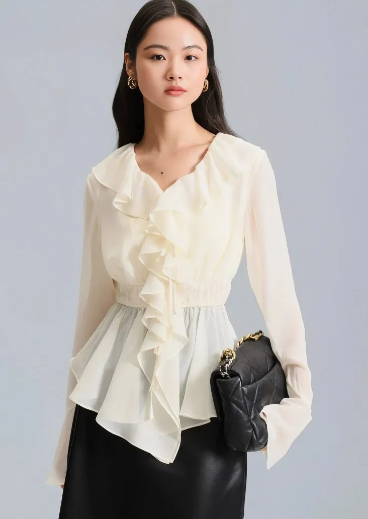 RUFFLED CHIFFON V-NECK TOPS