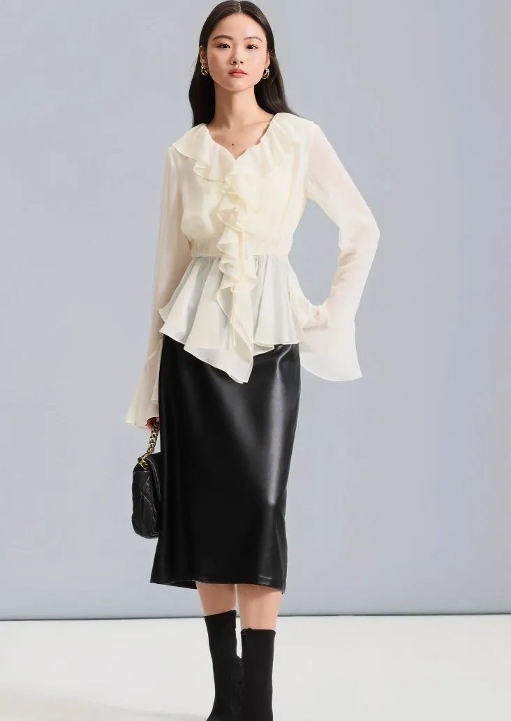 RUFFLED CHIFFON V-NECK TOPS