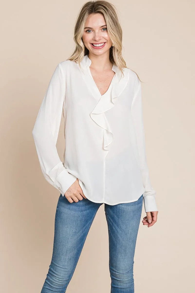 Ruffled V neck Long Sleeve Blouse Tops