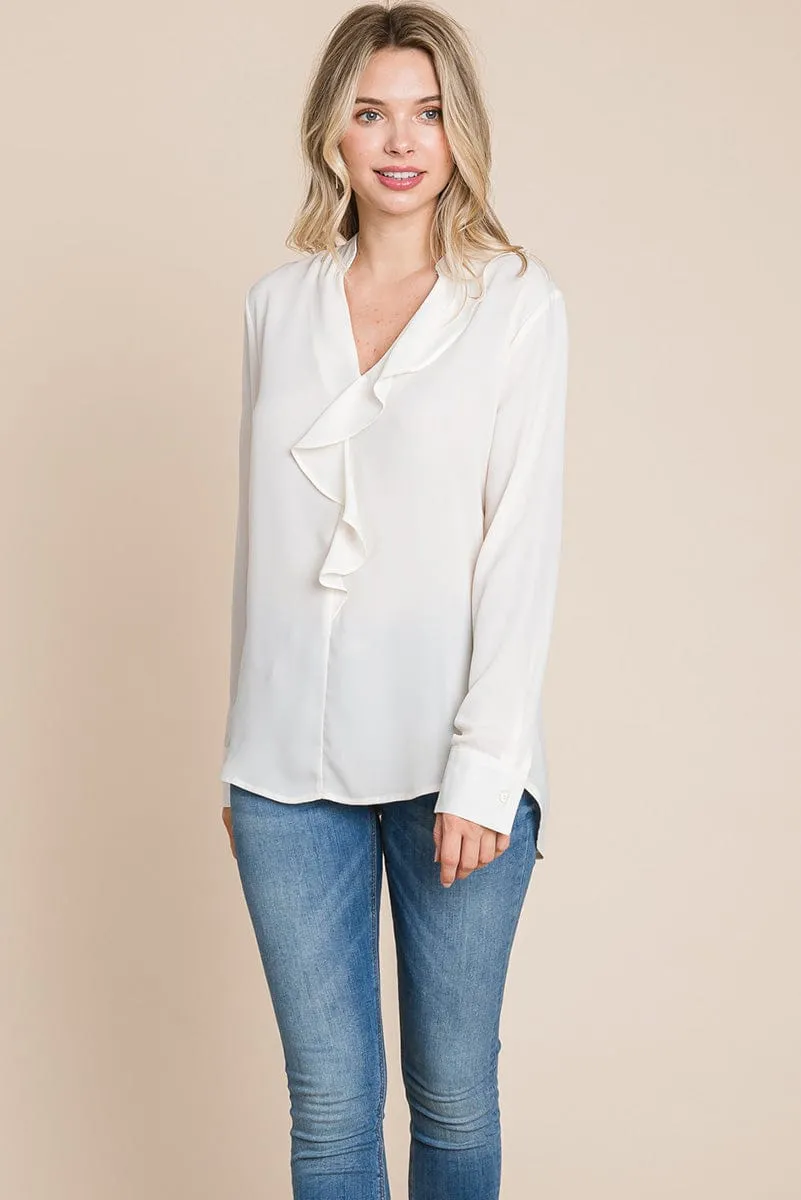 Ruffled V neck Long Sleeve Blouse Tops