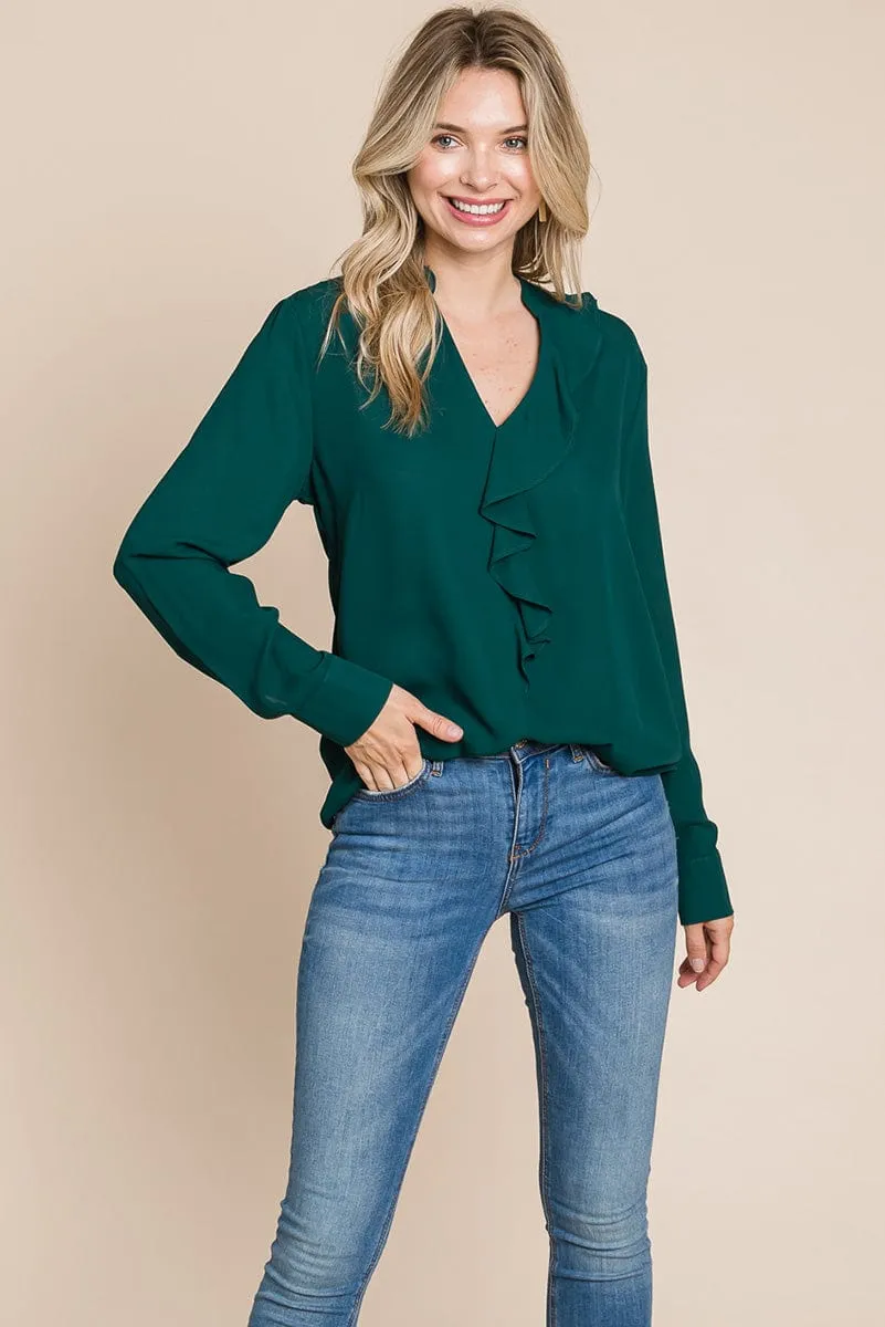 Ruffled V neck Long Sleeve Blouse Tops