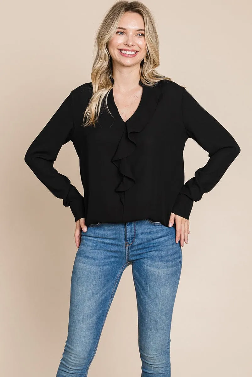 Ruffled V neck Long Sleeve Blouse Tops