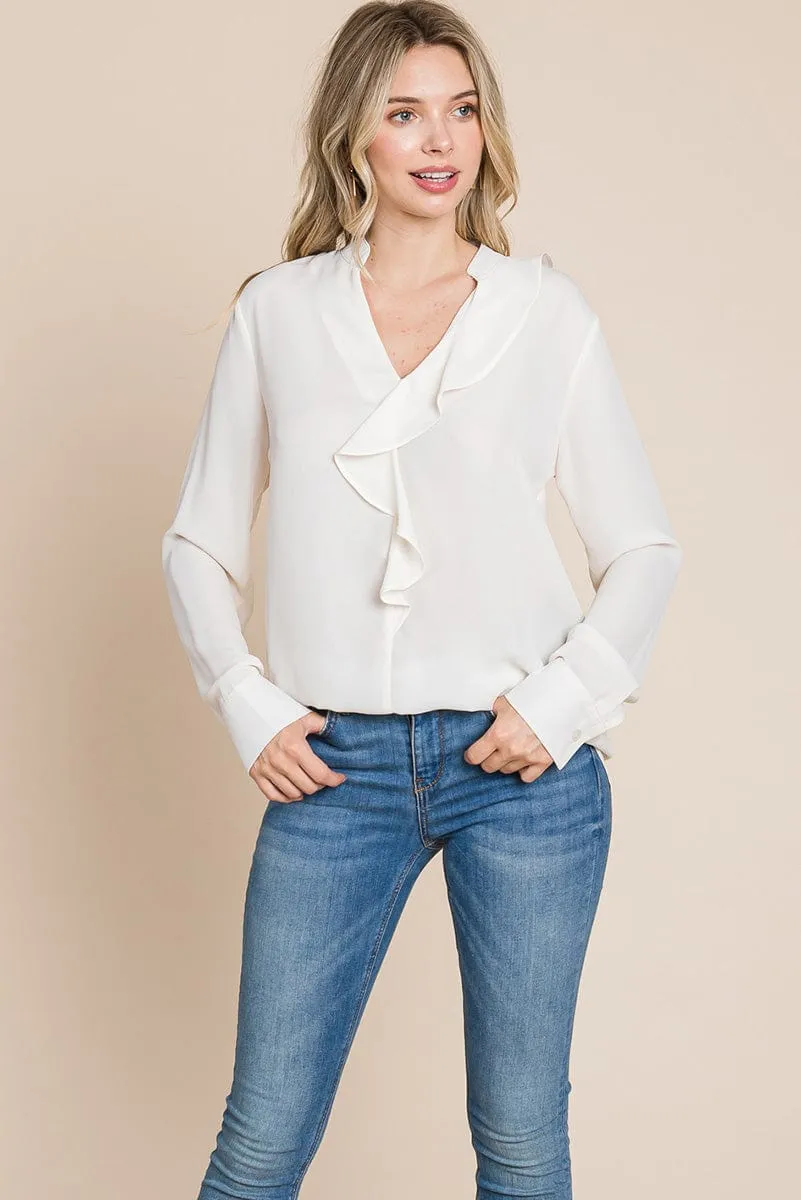 Ruffled V neck Long Sleeve Blouse Tops