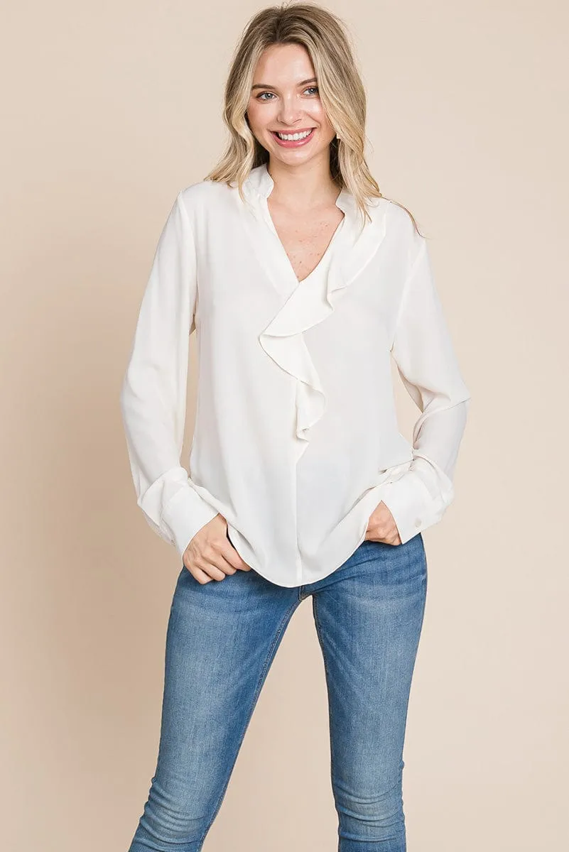 Ruffled V neck Long Sleeve Blouse Tops