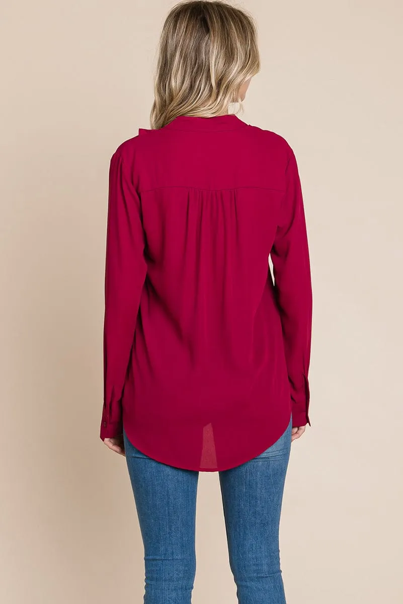 Ruffled V neck Long Sleeve Blouse Tops