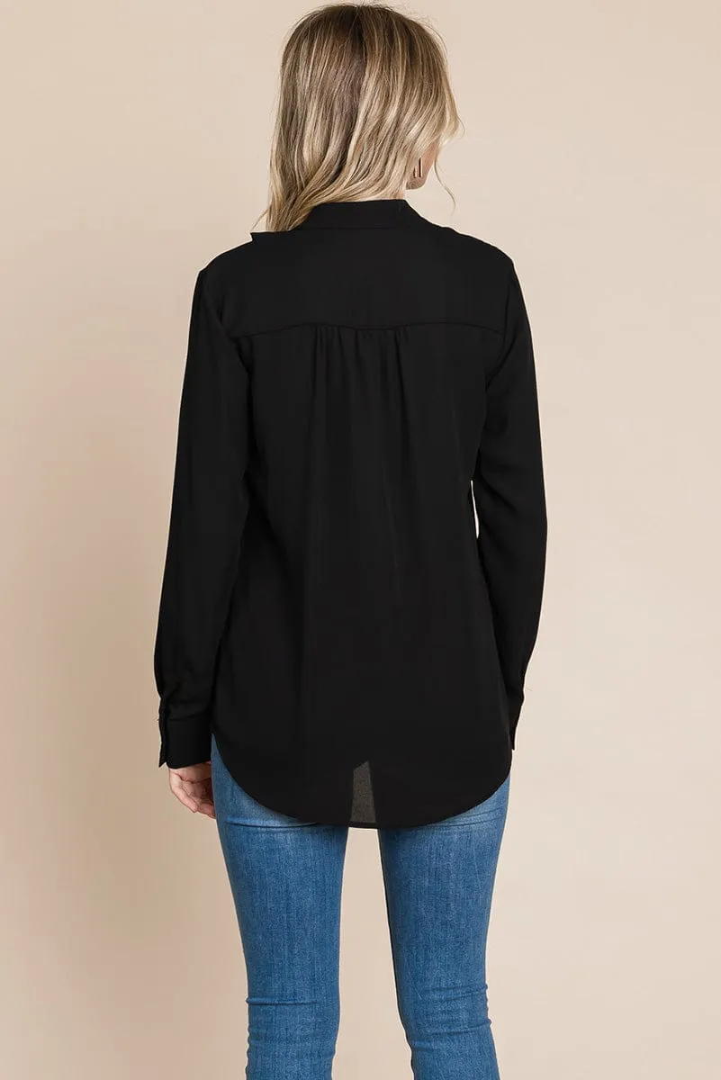 Ruffled V neck Long Sleeve Blouse Tops