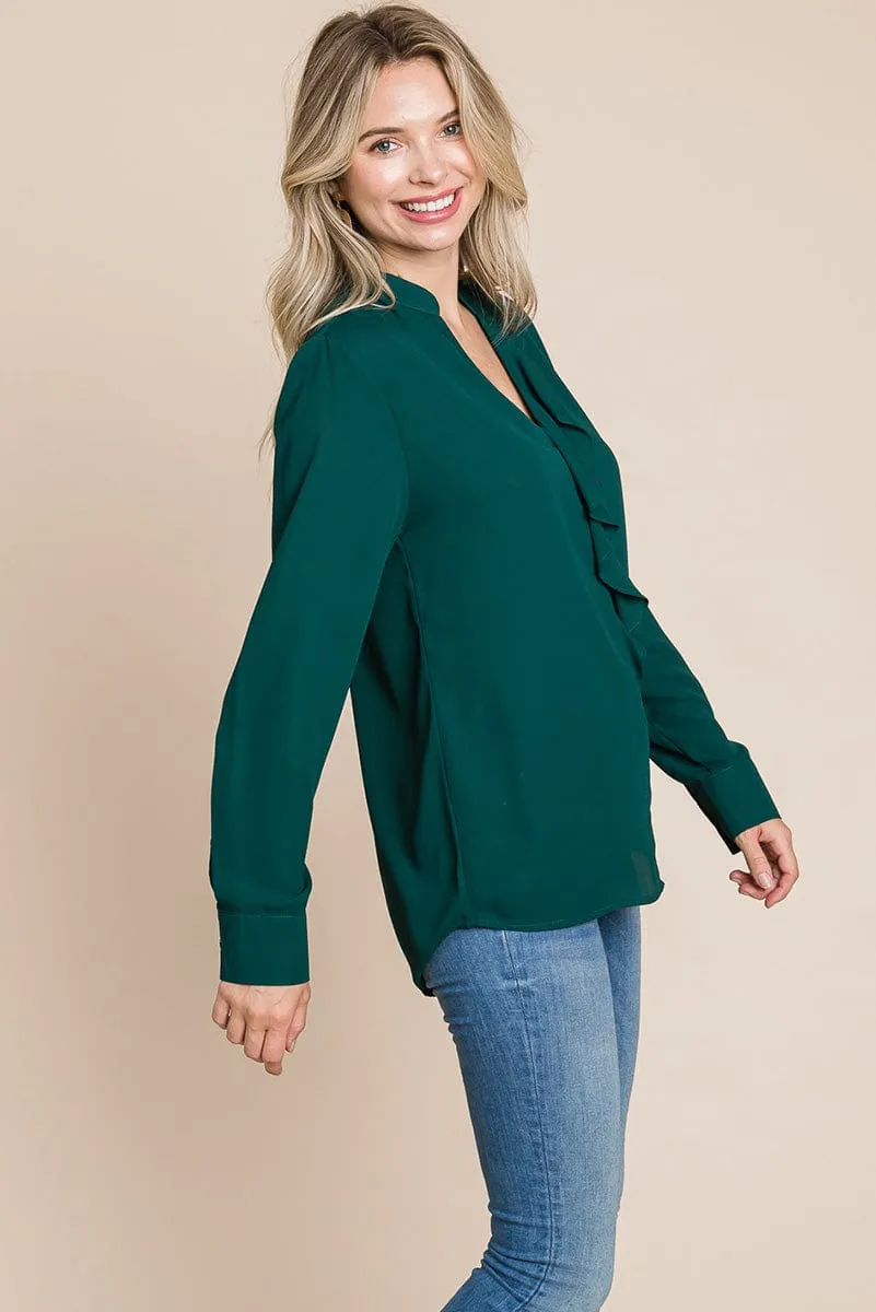 Ruffled V neck Long Sleeve Blouse Tops