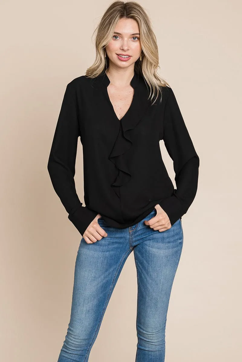 Ruffled V neck Long Sleeve Blouse Tops