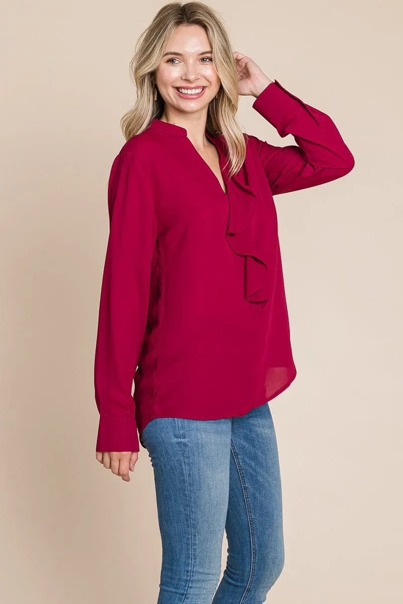 Ruffled V neck Long Sleeve Blouse Tops