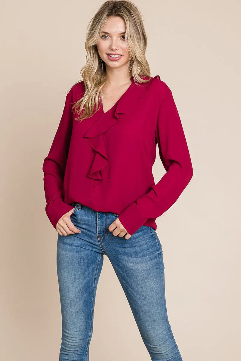 Ruffled V neck Long Sleeve Blouse Tops