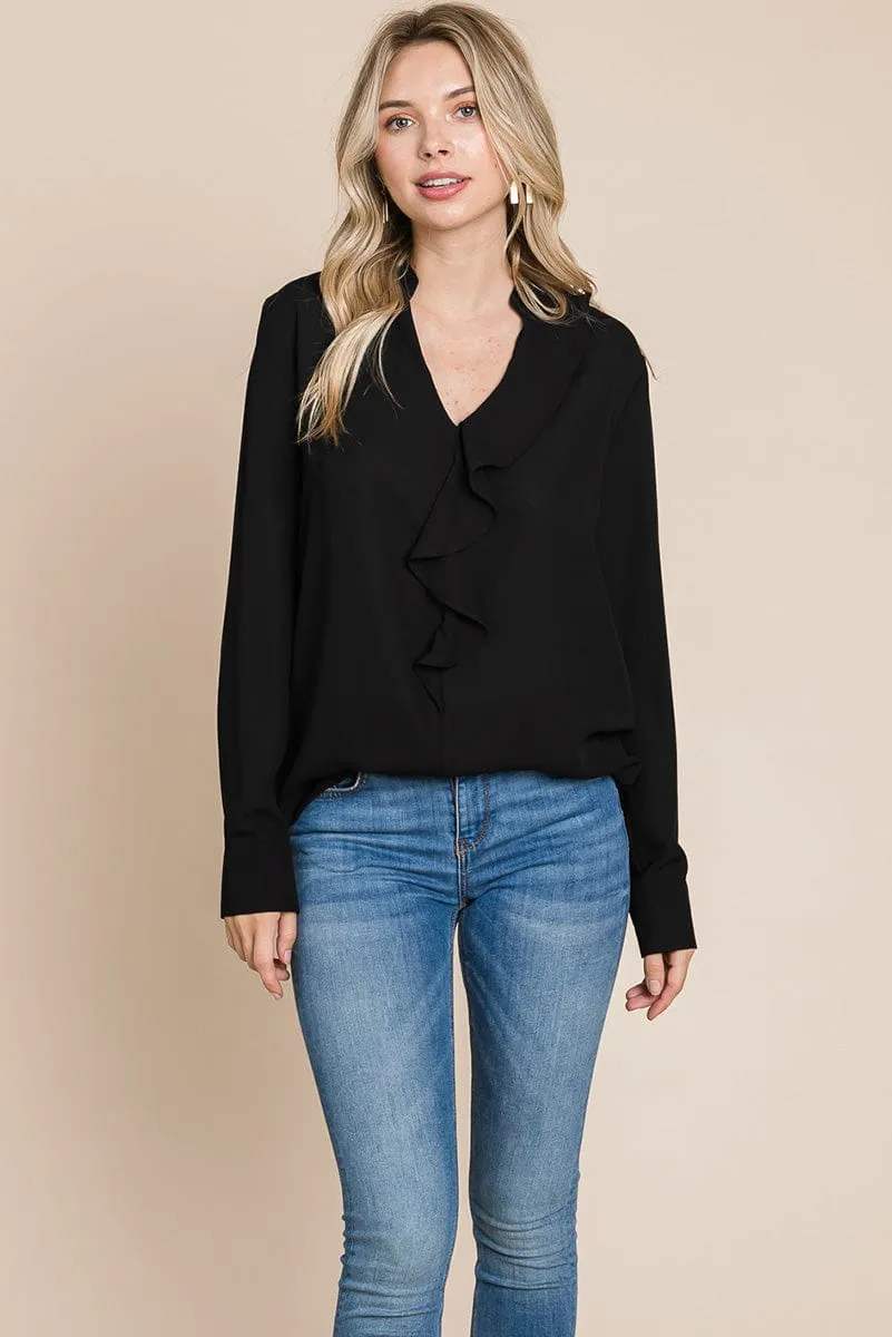 Ruffled V neck Long Sleeve Blouse Tops