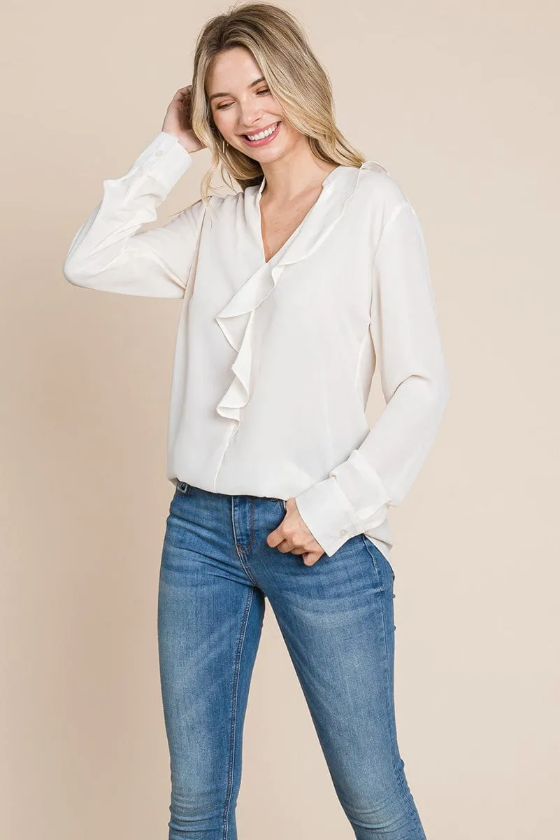 Ruffled V neck Long Sleeve Blouse Tops