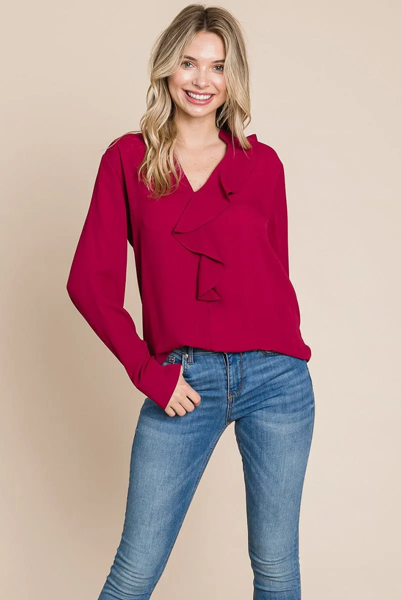 Ruffled V neck Long Sleeve Blouse Tops