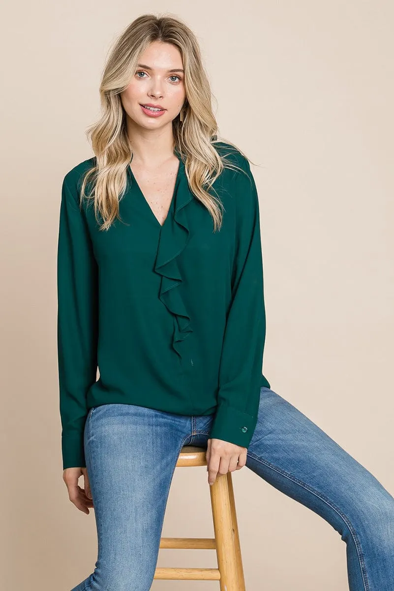 Ruffled V neck Long Sleeve Blouse Tops