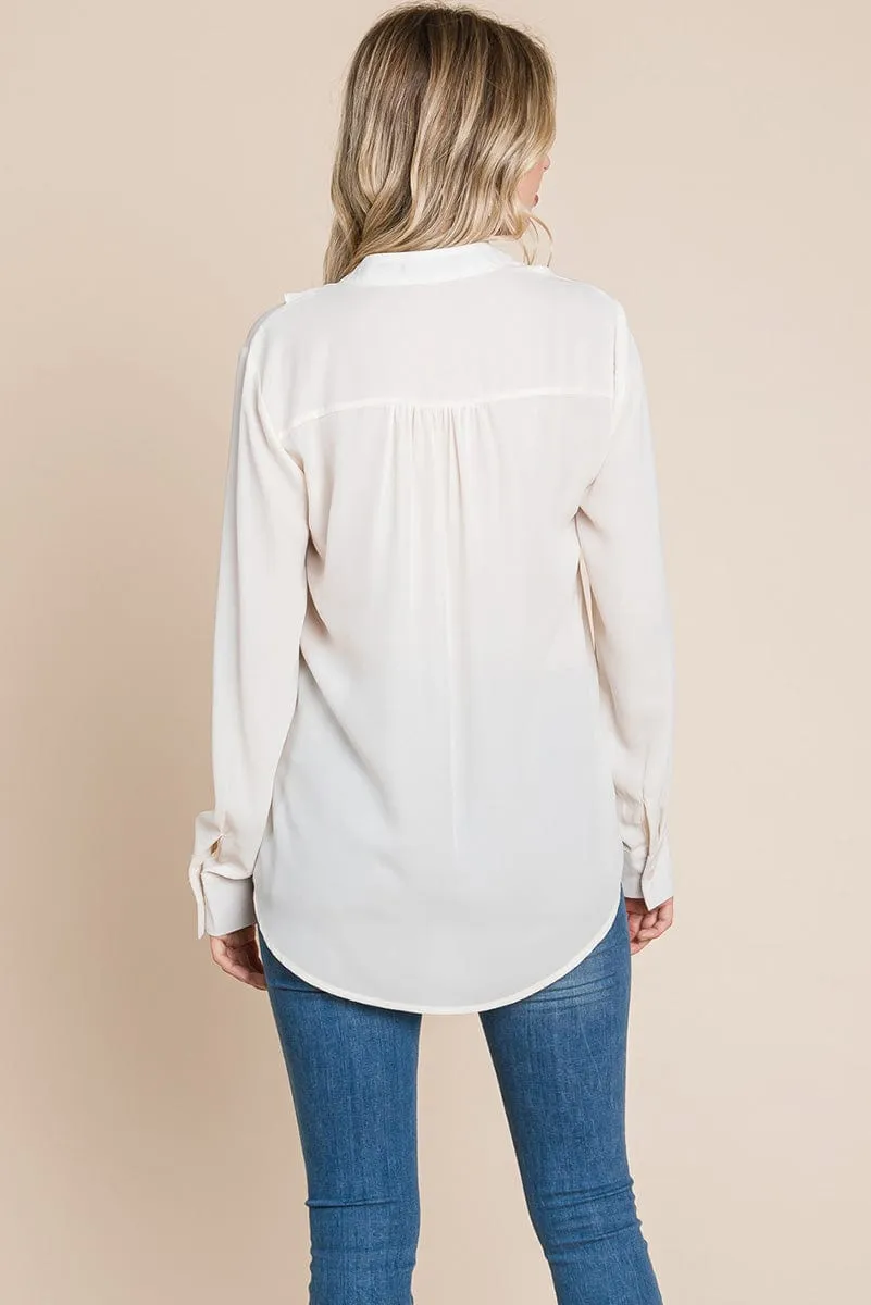 Ruffled V neck Long Sleeve Blouse Tops