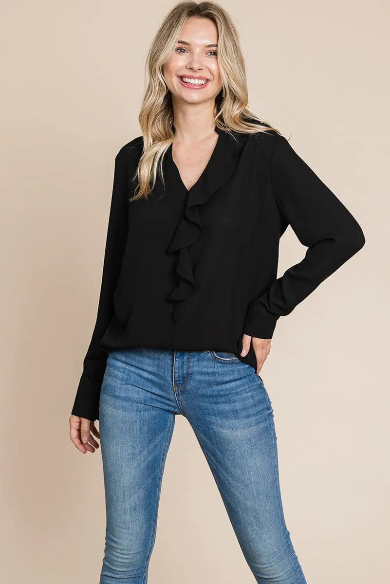 Ruffled V neck Long Sleeve Blouse Tops