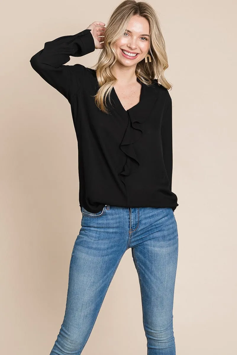 Ruffled V neck Long Sleeve Blouse Tops