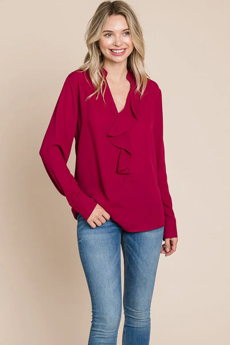 Ruffled V neck Long Sleeve Blouse Tops