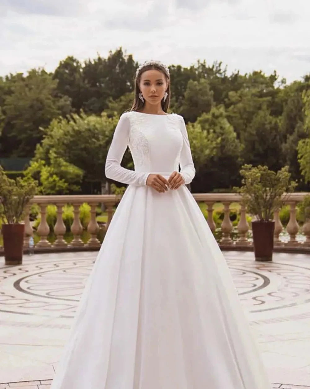 Satin Long Sleeve Applique Lace A-Line Wedding Dress