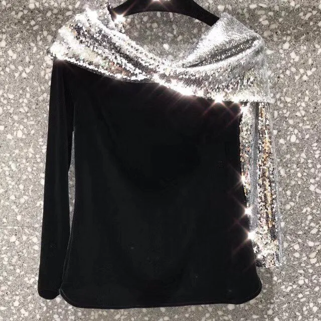 Sequined Patchwork Off Shoulder Velvet Top