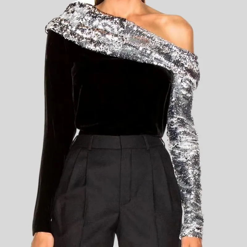 Sequined Patchwork Off Shoulder Velvet Top