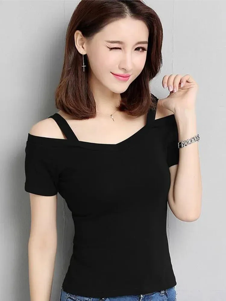 Sexy Shoulder Off Slim V-neck Short Sleeve Tee