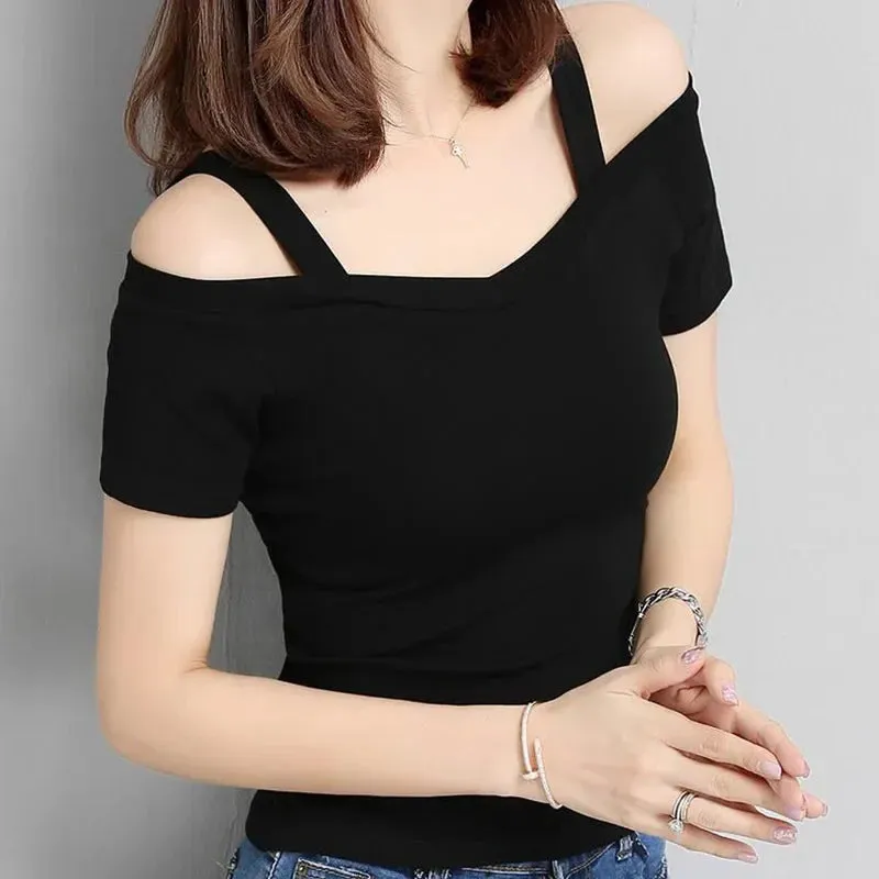 Sexy Shoulder Off Slim V-neck Short Sleeve Tee