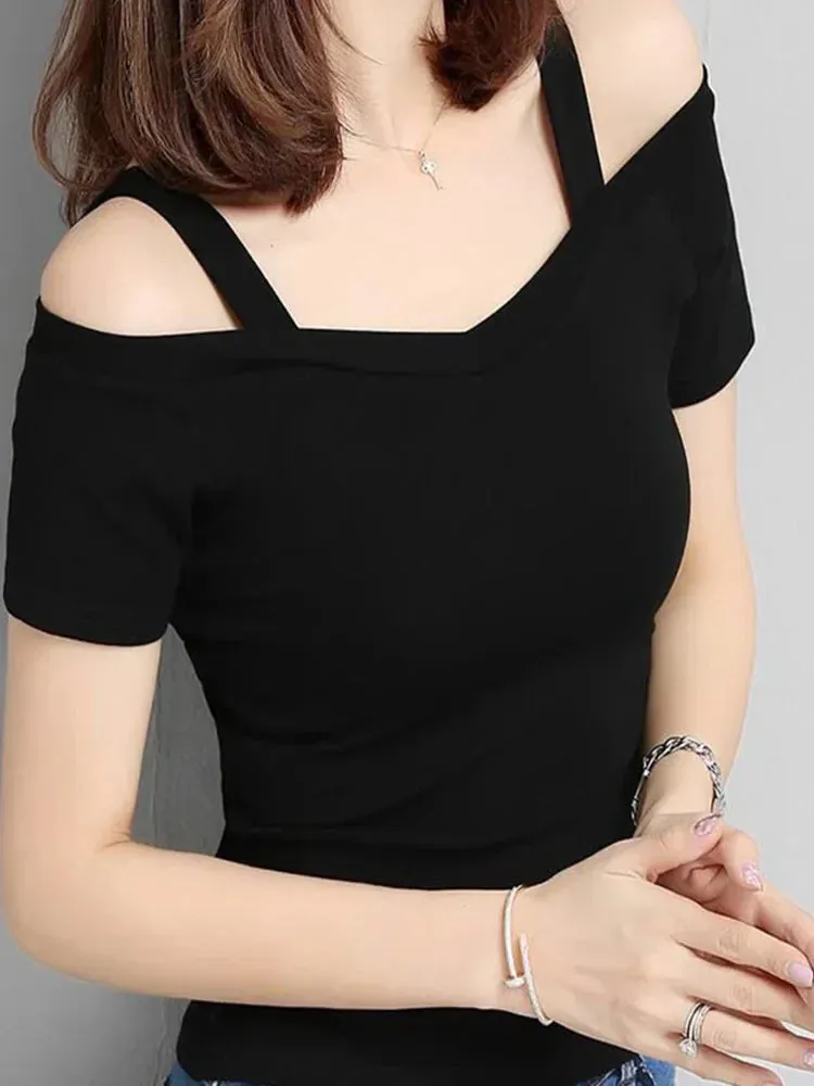 Sexy Shoulder Off Slim V-neck Short Sleeve Tee