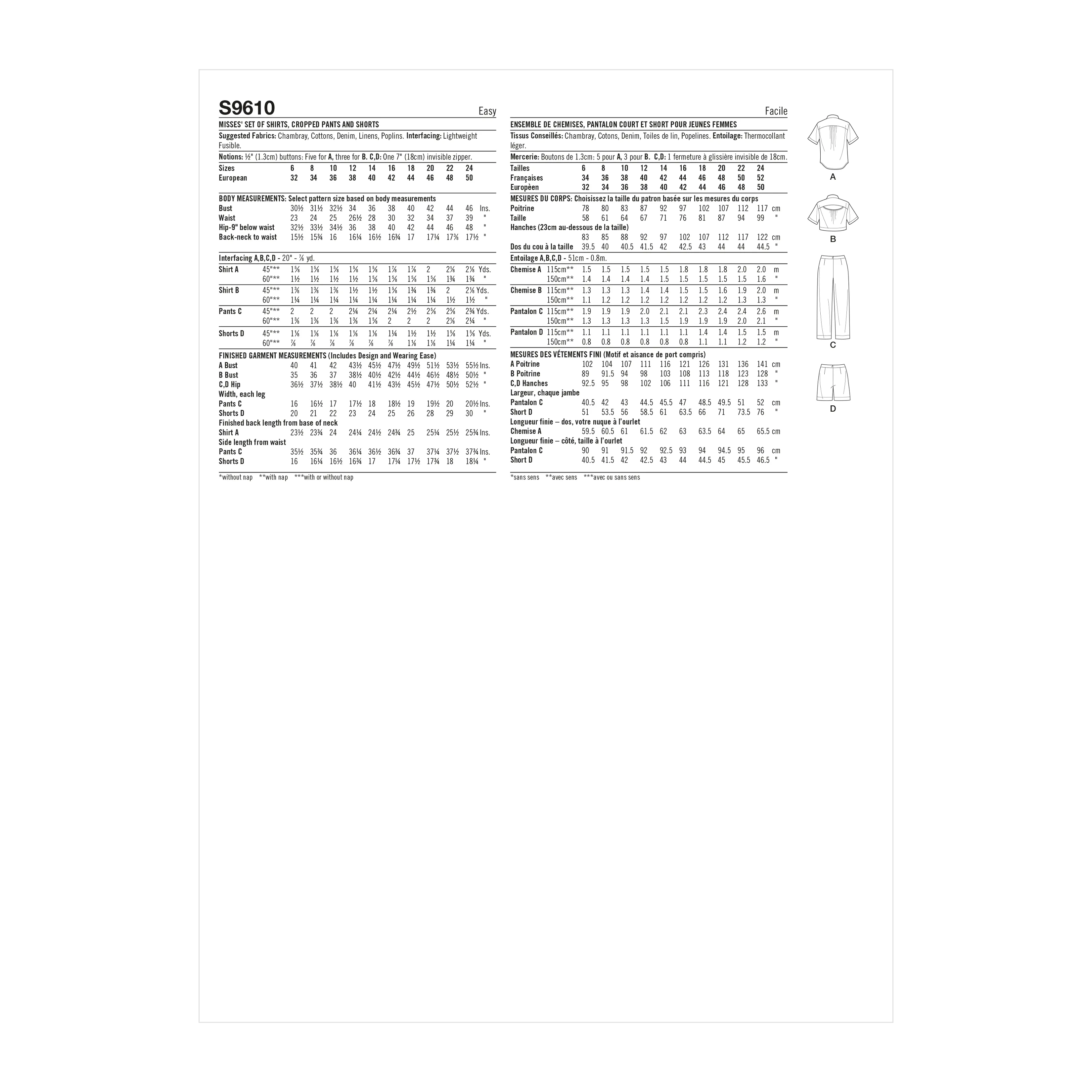 Simplicity Pattern 9610 Misses' Set of Tops, Cropped Pants and Shorts