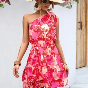 Slanted Shoulder Tie Sleeveless Slim Print Dress Wholesale Dresses