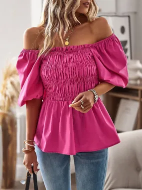 Solid Off-Shoulder Blouse - Smocked Peplum Top