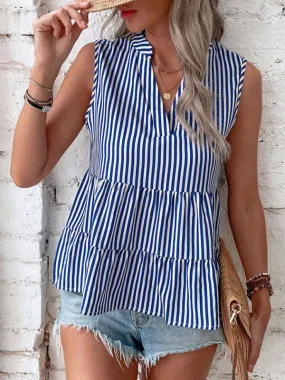 Trendy Sleeveless Stripe Blouse: V Neck, Casual Tank Top