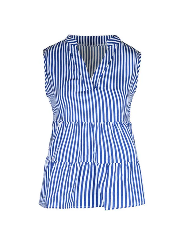 Trendy Sleeveless Stripe Blouse: V Neck, Casual Tank Top