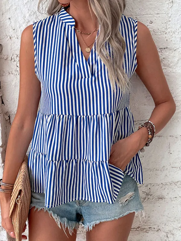 Trendy Sleeveless Stripe Blouse: V Neck, Casual Tank Top