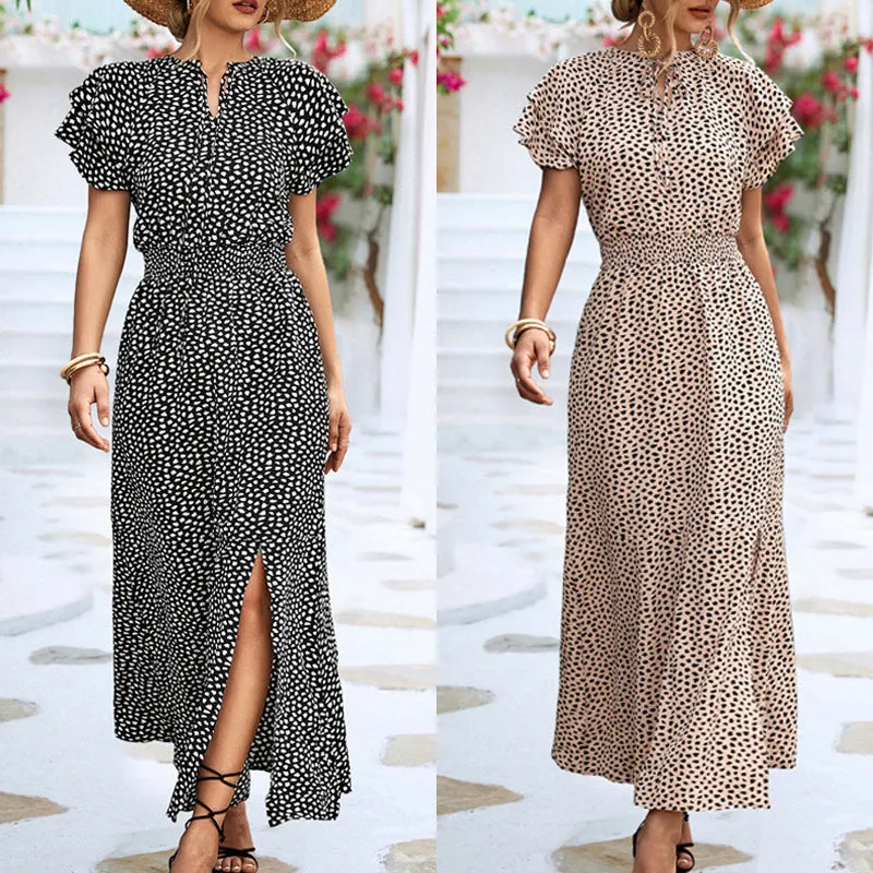 V-Neck Tie Slit Print Slim Fit Elegant Short-Sleeved Dress Wholesale Dresses