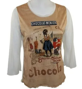 Vine Street, Beige & White Printed Top with 3/4 Sheer Sleeves - Chocolat