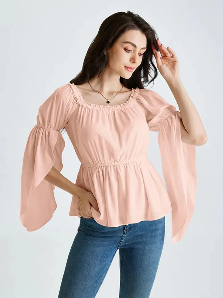 Women Chiffon Tops Slit Sleeve Off Shoulder Tops