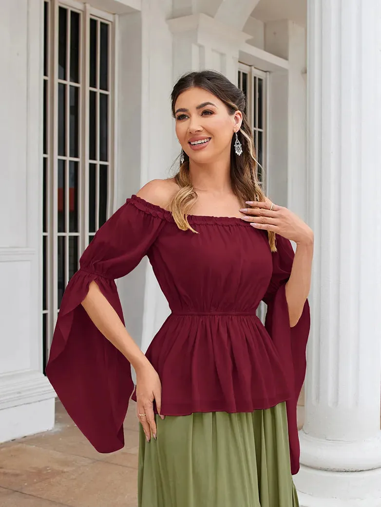 Women Chiffon Tops Slit Sleeve Off Shoulder Tops