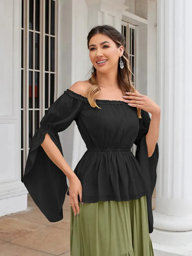 Women Chiffon Tops Slit Sleeve Off Shoulder Tops