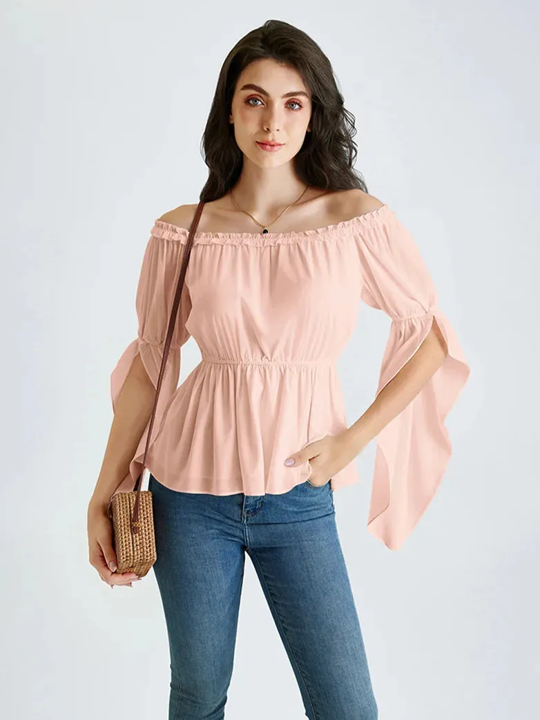 Women Chiffon Tops Slit Sleeve Off Shoulder Tops