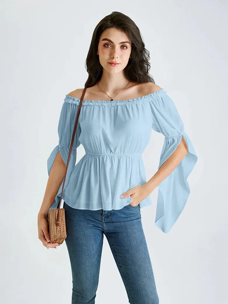 Women Chiffon Tops Slit Sleeve Off Shoulder Tops