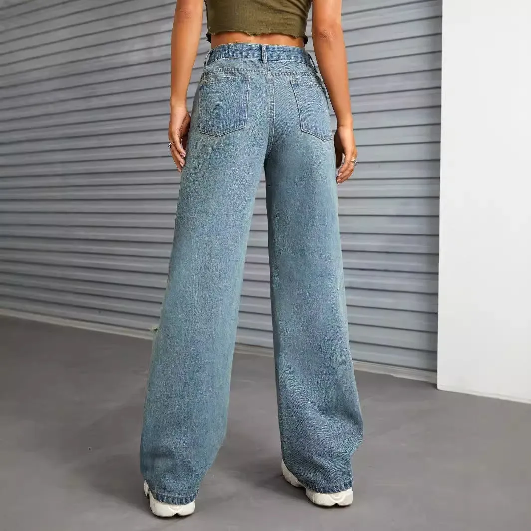 Women Clothing Casual All Match Ripped Wide Legged Denim Trousers